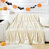 Halloween Ghost Throw Blanket 50x60, Ultra Soft Velvet All-Season Decorative Blankets with 3D Embroidered Ghost, Hidden Zipper for Duvet Insert, Cozy Bed or Sofa Blanket (White)