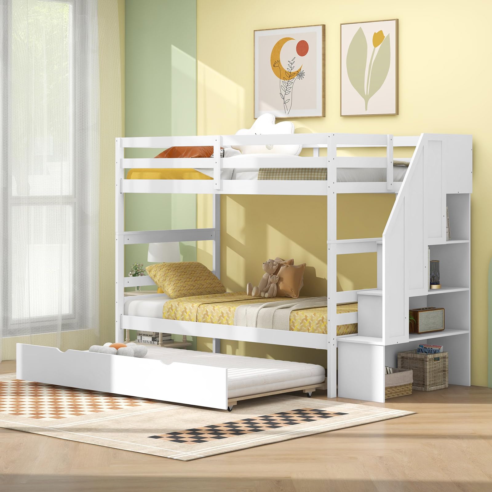 Giantex Bunk Bed Twin Over Twin with Trundle & Storage Stairs, Solid ...