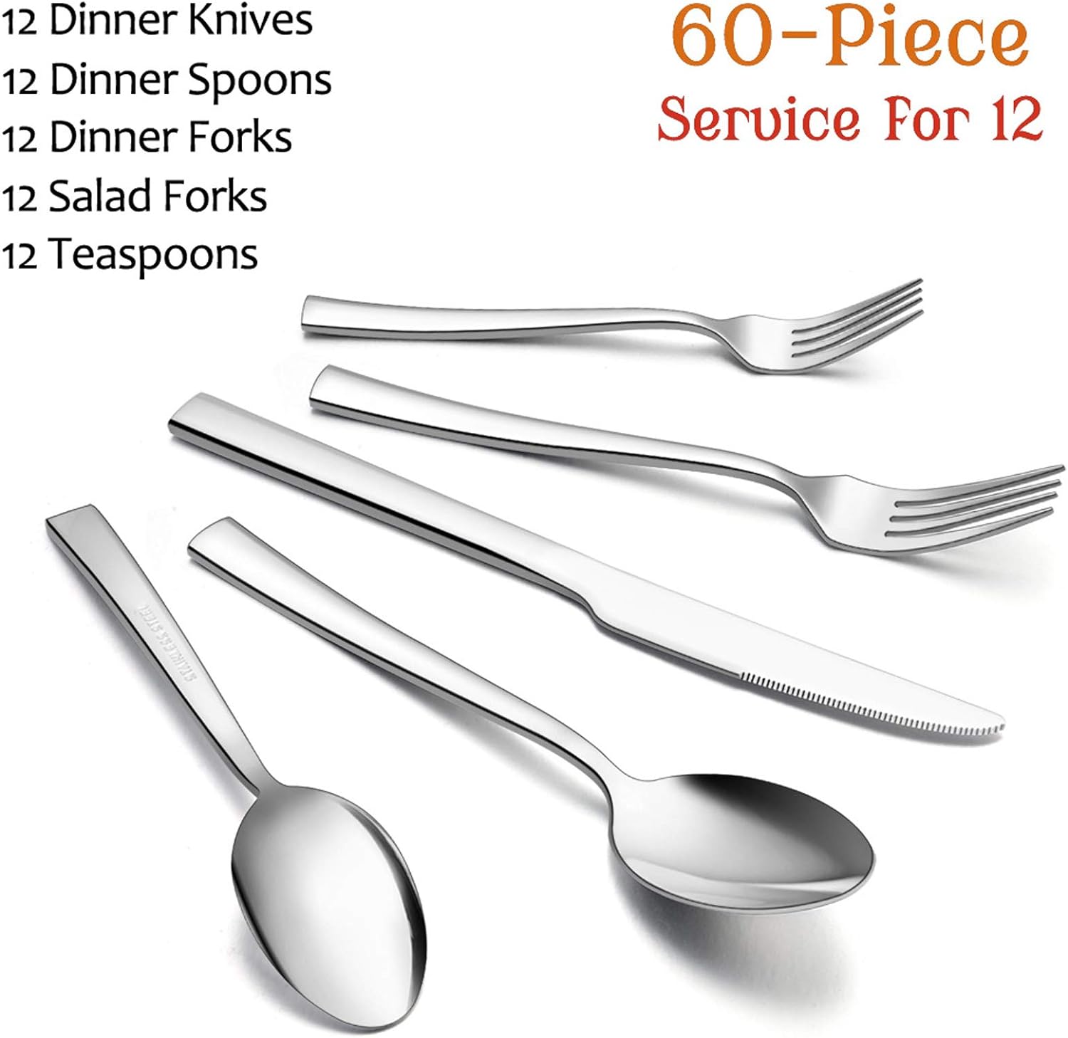 | 60-Piece Silverware Set, E-far Stainless Steel Flatware Set Service for 12, Tableware Cutlery Set for Home Restaurant Party, Dinner Forks/Spoons/Knives, Square Edge & Mirror Polished, Dishwasher Safe: Flatware Sets
