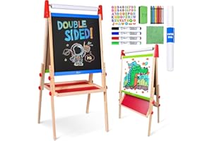 Joyooss Easel for Kids,Toddler Art Easel for Kid Ages 4-8 9-12, Foldable Easel Standing Height Adjustable Double Sided Wooden Kids Easel Magnetic Drawing Whiteboard & Chalkboard