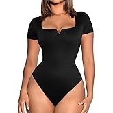 FeelinGirl Square Neck Bodysuit for Women Short Sleeve Tummy Control Slimming Bodysuit Going Out Tank Tops