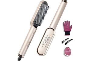 Hair Straightener Brush, TYMO Ring Hair Straightener Comb Straightening Brush for Women with 5 Temps 20s Fast Heating & Dual Voltage, Gold