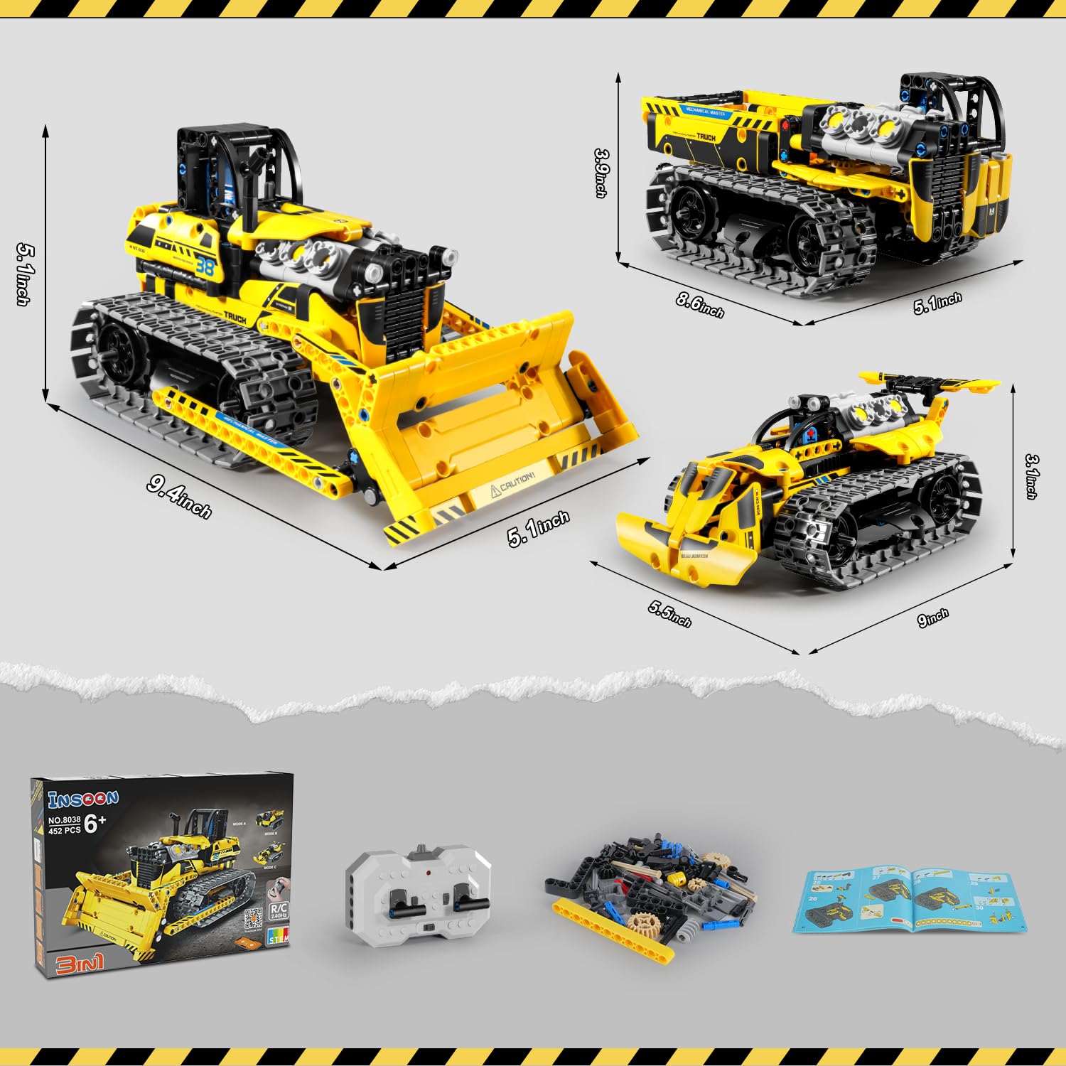 PLAXSOON Technik Ferngesteuertes Baufahrzeug Bauspielzeug mit Wiederaufladbare Akku, 3-in-1 RC STEM Bulldozer Kipplaster Klemmbausteine 452 Stück, Geschenk für Kinder Jungen ab 8-12+ Jahren 8