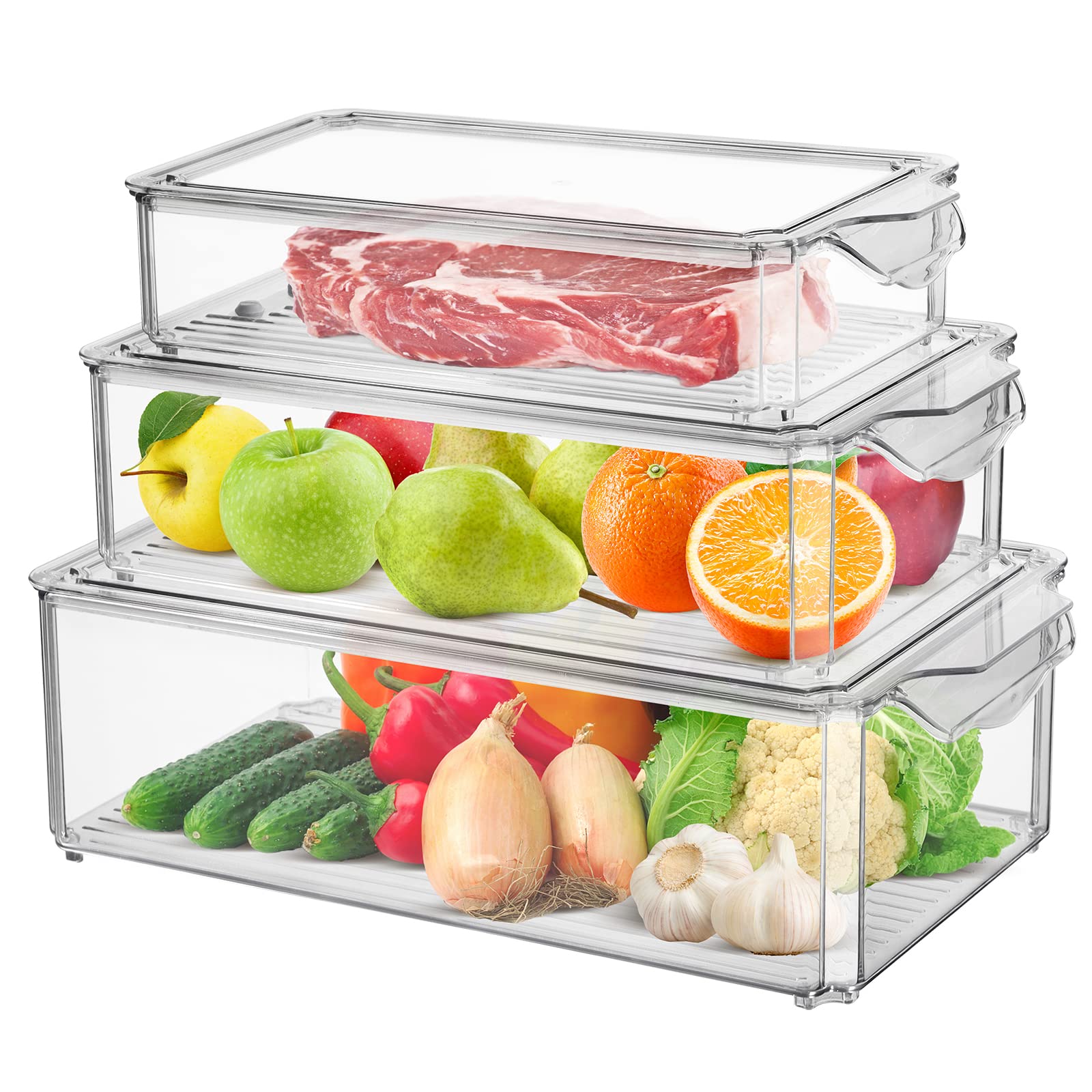 Chuboir Fridge Organisers Bins Set of 3, Stackable Clear Fridge Storage Containers with Lids, Plastic Refrigerator Storage Box for Kitchen Pantry Freezer Cupboards