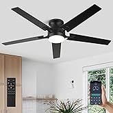 52 Inch Ceiling Fans with Lights and Remote Control, Low Profile Flush Mount, Quiet Reversible DC Motor, Modern Matte Black Finish, Energy Efficient for Bedroom/Living Room Indoor/Outdoor Use