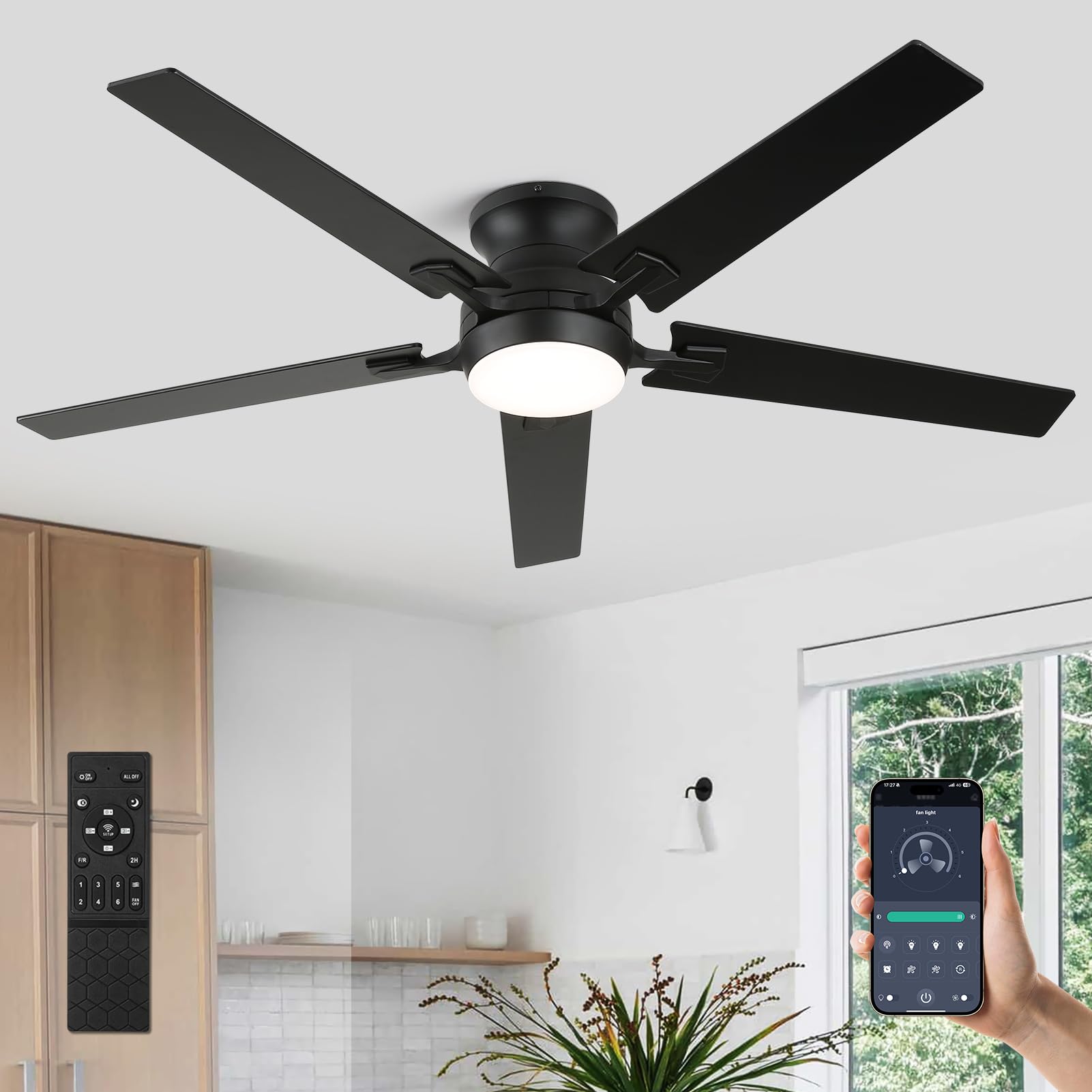 Photo 1 of 52 Inch Ceiling Fans with Lights and Remote Control, Low Profile Flush Mount, Quiet Reversible DC Motor, Modern Matte Black Finish, Energy Efficient for Bedroom/Living Room Indoor/Outdoor Use