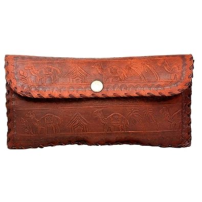 Leather-craftHandmade Genuine Leather Brown Desert Village Tree & Camel Emboss ladies Coin Purses, Pouch Wallet for Women