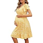 Adorel Maternity Dress Midi Ruffle V-Neck Flowy Smocked Empire Waist Casual Pregnant Outfit Baby Shower
