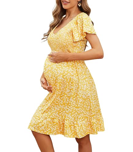 Amazon.com: Yellow Floral Maternity Dress with Sweetheart Neckline and  Ruffle Detail : Clothing, Shoes & Jewelry