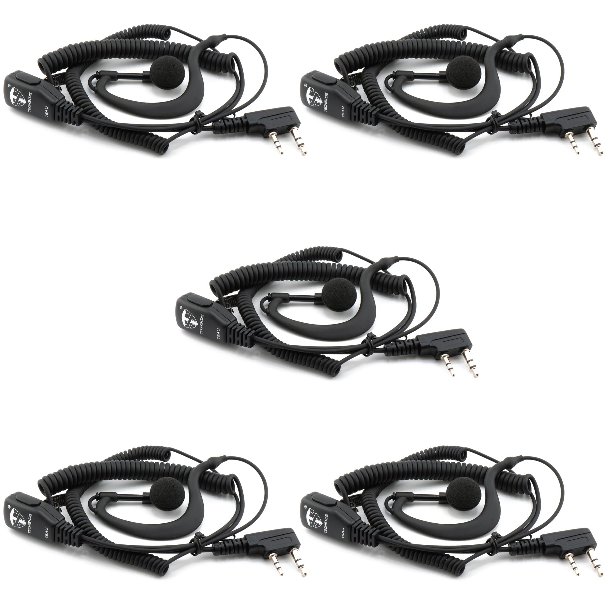 TechSide Coiled Cord 2-Pin Kenwood Headset Microphone | Two-Way Radios | Compatible with TI-F8+ Midland G10 G11V CT890 BaoFeng UV-82 UV5RA | Surveillance Security SoftAir (5 Pieces)