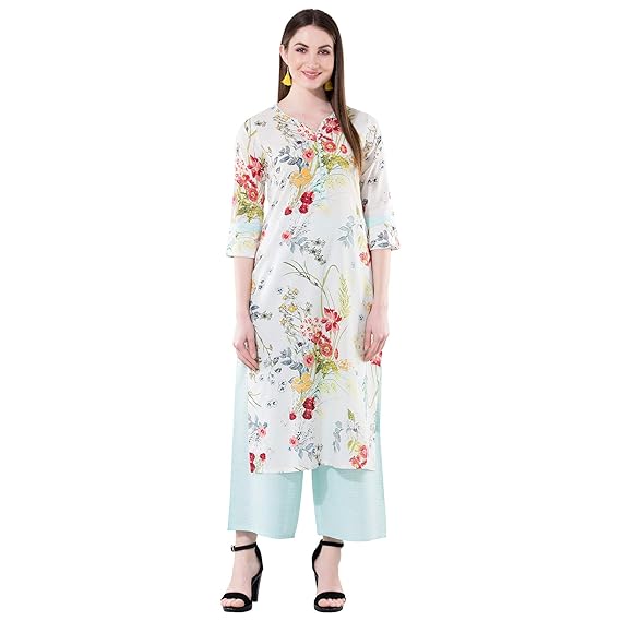 Womens Cotton Kurta with Palazzo - Printed, Knee Long, Straight Kurtas for Casual Wear