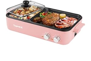 Topwit Hot Pot Electric with Grill, 2 in 1 Indoor Non-stick for Steaks, Shabu Shabu, Noodles, Simmer and Fry, Korean BBQ Grill, Independent Dual Temperature Control, Pink