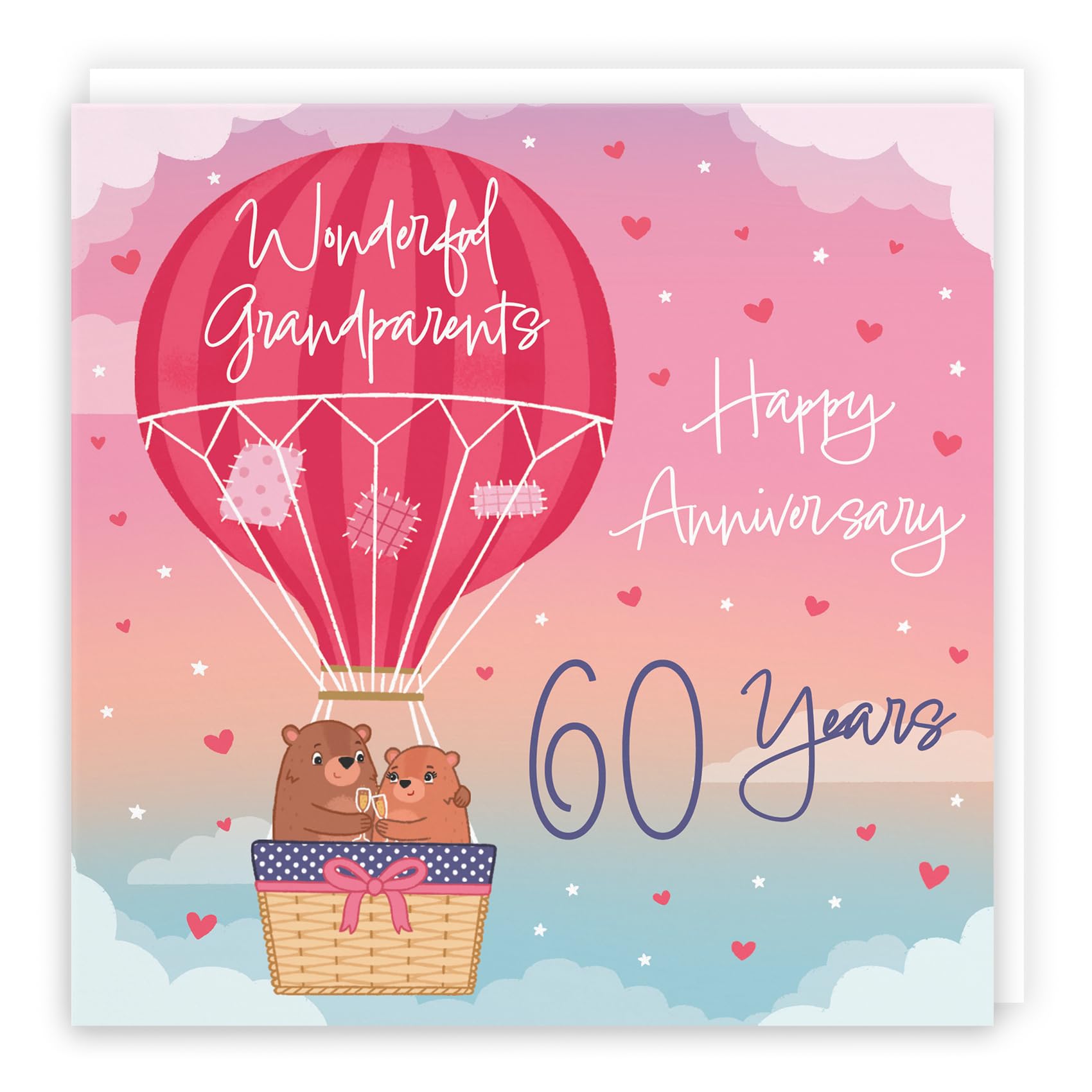 Hunts England - 60th Grandparents Hot Air Balloon Anniversary Card - Cute Bears Collection - 60th Anniversary Card For Grandparents - Champagne And Love Hearts — image 1