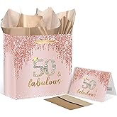 SolarGlory Rose Gold 50th Birthday Gift Bag for Women Small Happy 50th Birthday Gift Bag with Wrapping Paper and Card for Fifty Year Old Decorations Party Supplies