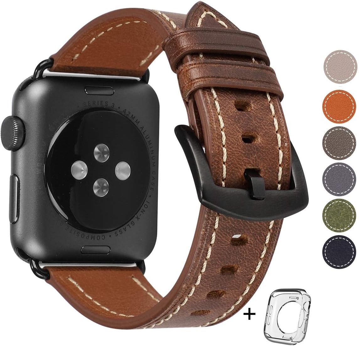 HUAFIY Compatible for apple Watch Band 42mm 44mm, Top Grain Leather Band Replacement Strap iWatch Series 5/4/3/2/1,Sport, Edition. New Retro Leather (Retro Camel Brown+Black Buckle 42mm 44mm)
