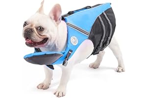 Petglad French Bulldog Life Jacket, Life Vest with Chin Float Rescue Handle for Corgi Pug, Adjustable High Visibility Flotation Swim Vest for Swimming Boating (Blue)