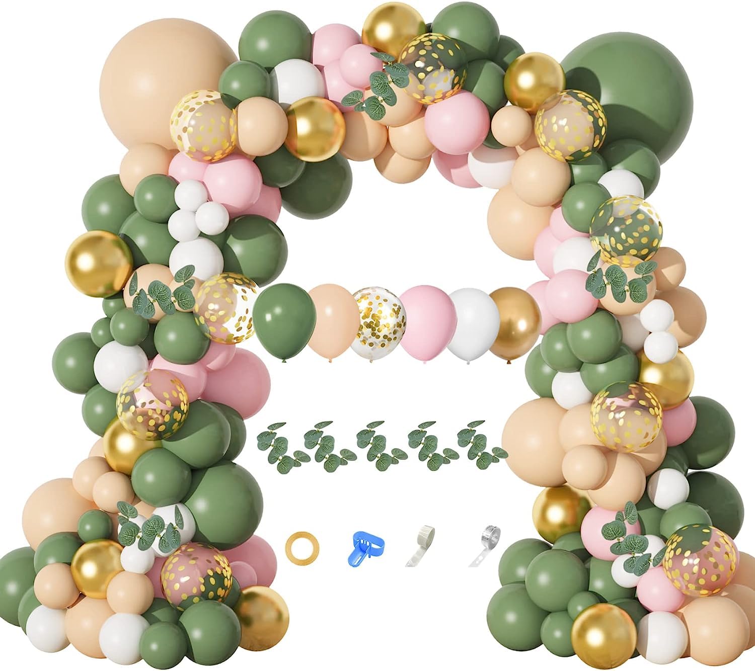 Photo 1 of Amandir 166Pcs Sage Green Balloon Garland Arch Kit Olive Green Blush Peach White Gold Balloons Artificial Eucalyptus Stems Jungle Safari Baby Shower Birthday Party Baptism Decorations for Boys Girls