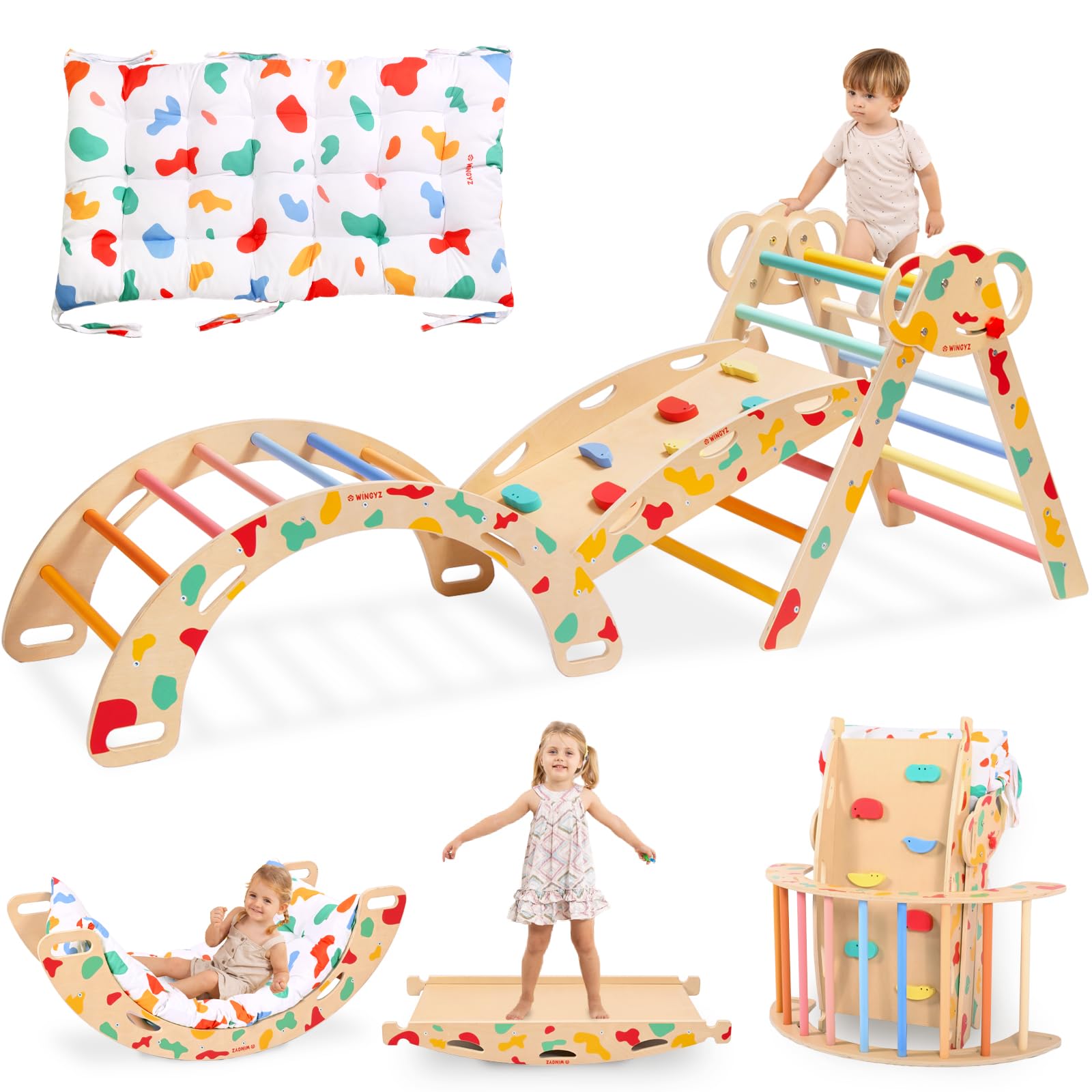 WINGYZ Pikler Triangle Set, Montessori Foldable 8-in-1 Jungle Gym & Reversible Animal Slide, Patent-Protected Climbing Set, Safe 2.35" Gap ASTM F963 Standards for Toddlers 18 Months-7 Years (Rainbow)