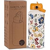 Goetland Flowers Water Bottle Beverage Bottle with Straw Lid 32 oz Stainless Steel Wide Mouth Vacuum Insulated Cute UV Printing Leak Proof For Women Girls Kids Bright Yellow