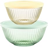 Pyrex Colors (2-Pack) Sculpted Tinted Small/Medium Glass Mixing Bowls With Plastic Lids, Nesting Space Saving Set of Bowls For Prepping and Baking, 1.3QT & 2.3QT