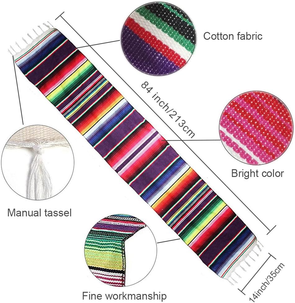 Xplanet Mexican Table Runner 14 x 84 inch Colorful Striped Mexican Serape Blanket Party Wedding Decorations Fringe Cotton Table Runner: Home & Kitchen