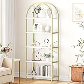 IDEALHOUSE Bookshelf 5 Tier Bookcase Arched Display Racks Tall Standing Bookshelves Metal Frame Modern Storage Rack Shelf Large Wood Book Shelf for Bedroom, Living Room, Home Office, White/Gold