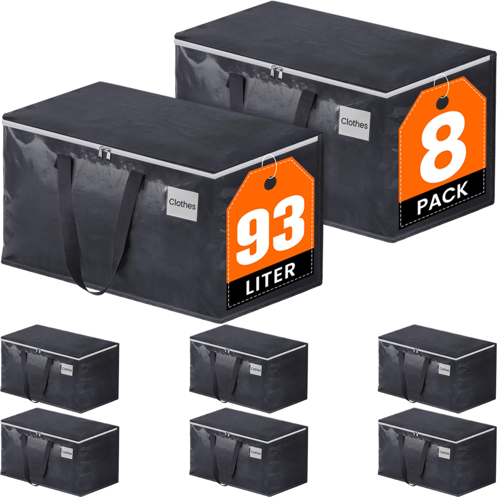 Photo 1 of Fabspace Moving Boxes Heavy Duty Moving Bags with Strong Zippers and Handles Collapsible Moving Supplies, Storage Totes for Packing & Moving Storing 93L,8-Pack