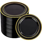 bUCLA 100PCS Black and Gold Plastic Plates - 6.25 inch Black Gold Premium Hard Disposable Dessert/Salad/Appetizer/Small Cake Plates for Party, Graduation & New year