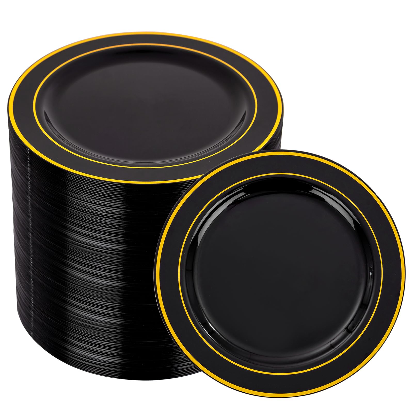 Photo 1 of bUCLA 100PCS Black and Gold Plastic Plates - 6.25 inch Black Gold Premium Hard Disposable Dessert/Salad/Appetizer/Small Cake Plates for Party, Graduation & Fathers Day