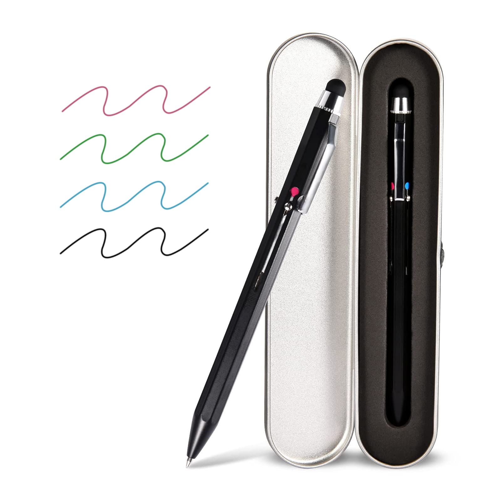 SMTTW 5-in-1 Stylus Pen with Multicolored Ink, Metal Gift Box, Black, Blue, Red, Green Ballpoint Pen for iPad and Universal Touch Screens