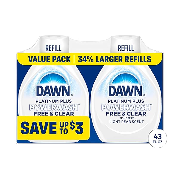 DAWN POWERWASH SPRAY REFILL, DISH SOAP, DISHWASHING LIQUID, FREE & CLEAR, 2 REFILLS, 43 FL OZ