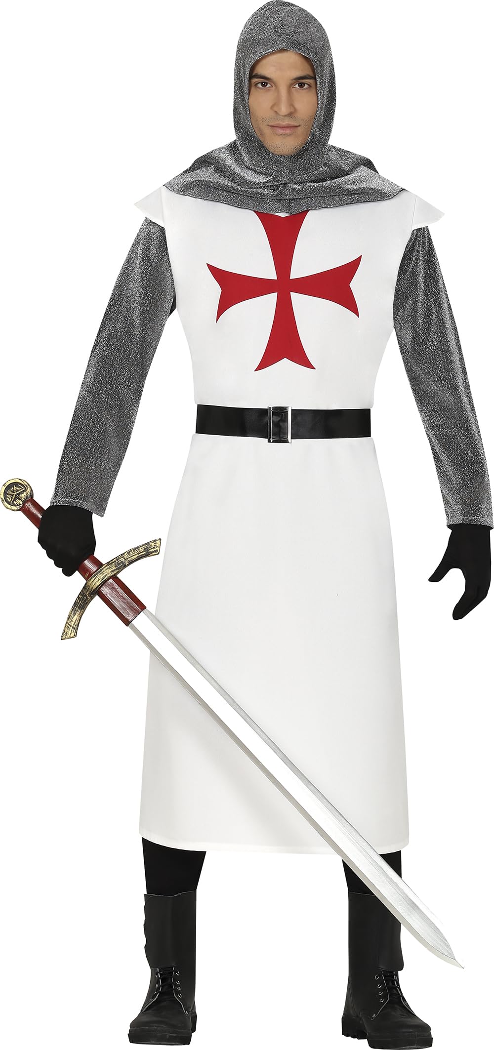 FIESTAS GUIRCA | Medieval Templar Fancy Dress (14-16 Years) - Hood, Tunic, Belt and Trousers - Knight Costumes for Halloween, Carnival and Historical Parties - Ideal for Teens - White and Silver