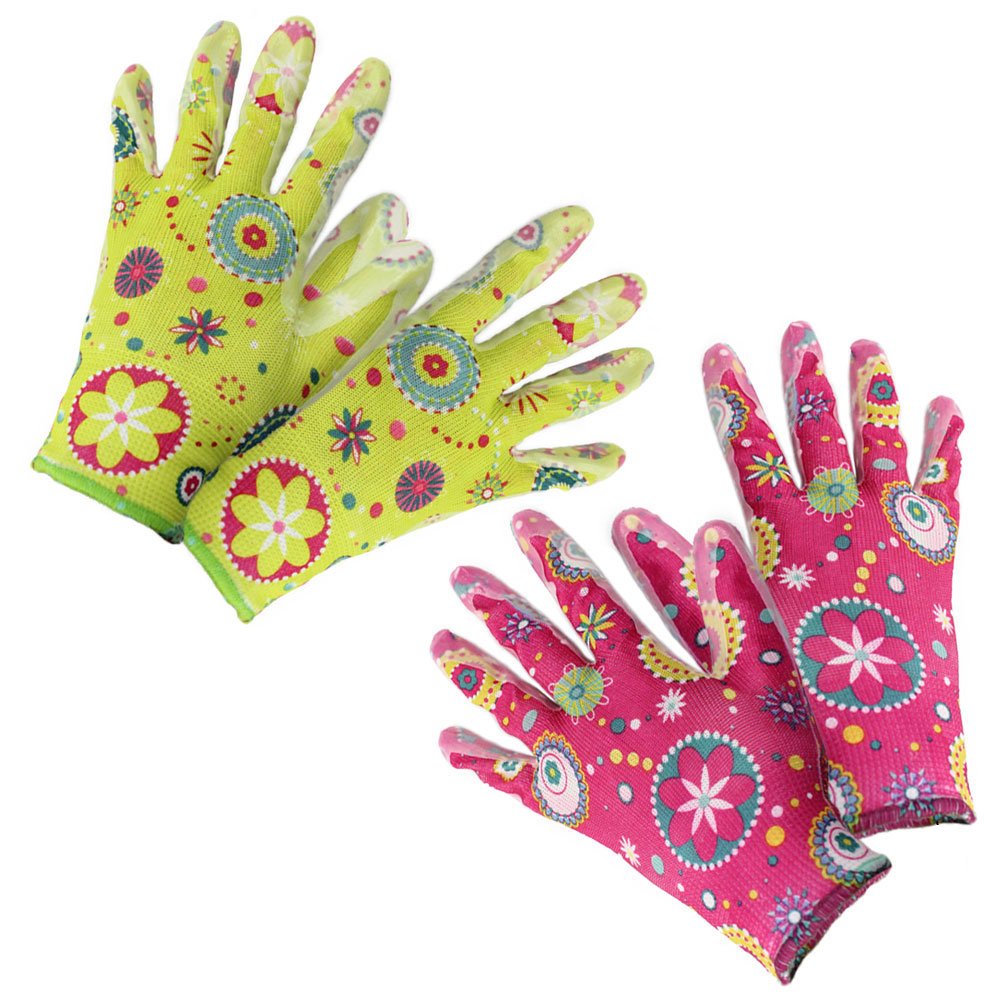 com-four® Set of 2 Gardening Gloves Flower, size 8, green & pink (02 pair - Flower green/pink)