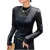 SHENHE Women's Cheetah Print Shirt Sexy Mesh Long Sleeve Fitted See Through Tops