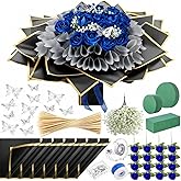 Marspark Valentines Day Money Bouquet Flower Kit Gift Included 20 Sheet Flower Wrapping Paper 36 Fake Flowers 100 Bamboo Skewer Floral Foam Block for Anniversary Birthday Wedding(Blue,Classic)