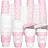 FYSUIMU 48 Set Pink Bow Coquette Disposable Paper Cups with Lids and Sleeves 16Oz Cute Bowknot Coffee Cups for Hot Cold Drinks Mother's Day Wedding Birthday Baby Shower Bachelorette Party Supplies