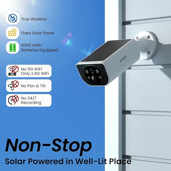 AOQEE SECURITY CAMERAS WIRELESS OUTDOOR-2.4GHZ WIFI HOME SECURITY CAMERAS WITH BUILT-IN SOLAR PANEL, 2K COLOR NIGHT VISION, CLOUD STORAGE (OPTIONAL), PIR DETECTION, WATERPROOF, WORKS WITH ALEXA, S1 2P