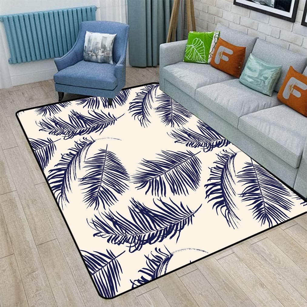 Blue Palm Leaves Area Rugs Fluffy, Summer Exotic Floral