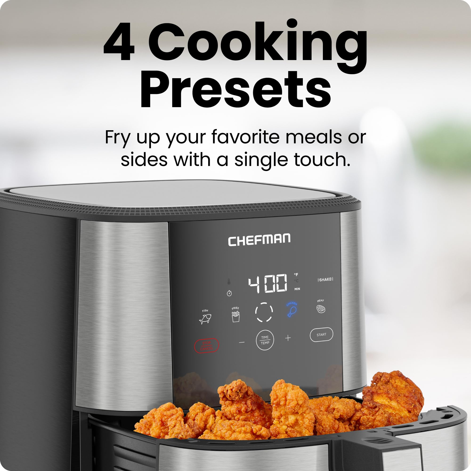 Freidora de aire Chefman TurboFry Touch, tamaño familiar grande de 5 cuartos, preajustes de control digital de un toque, papas fritas, pollo, carne, pescado, piezas antiadherentes aptas para lavavajillas, apagado automático, acero inoxidable