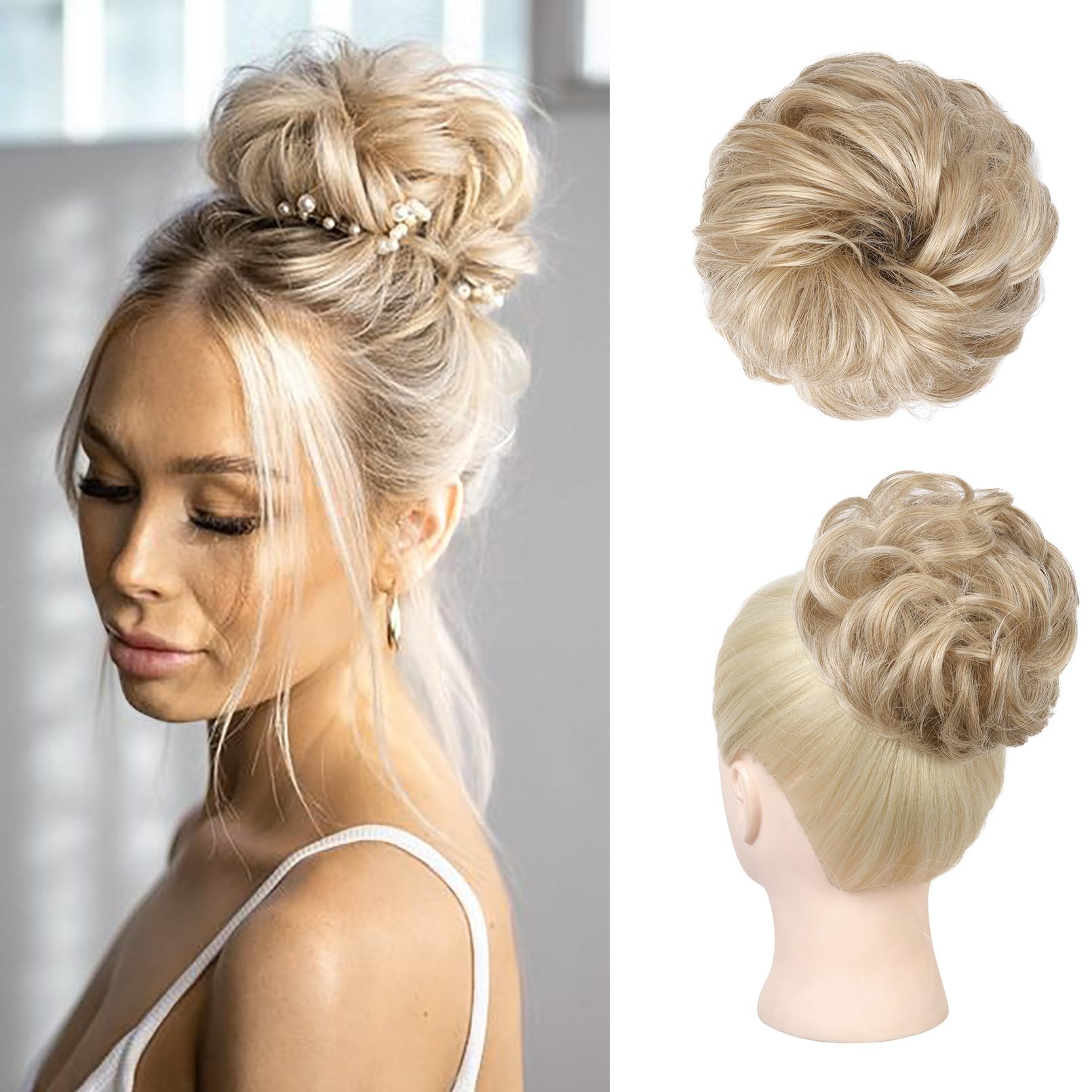 REECHO Messy Bun Hair Piece - Thick Synthetic Ponytail Extensions, Medium Blonde