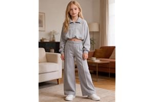 Girls’ Grey Cropped Half-Zip Tracksuit Set, Oversized Pullover & Wide-Leg Pants Casual Outfit for School & Hangouts