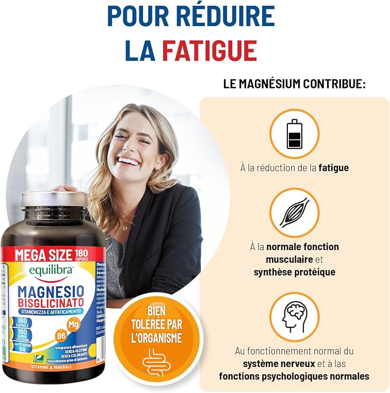 Magnésium Bisglycinate, 180 Gélules, 250mg, Avec Vitamine B6, Format 6 Mois, Vegan, pour Réduire la Fatigue, Système Nerveux et Fonction Musculaire, Sans Gluten