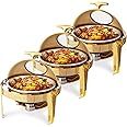 ROVSUN 6 QT 3 Pack Round Chafing Dish Buffet Set, Roll Top NSF Stainless Steel Buffet Warmer Chafers and Buffet Warmers Sets with Thick Frame for Catering Events Parties Weddings Dinners,Gold