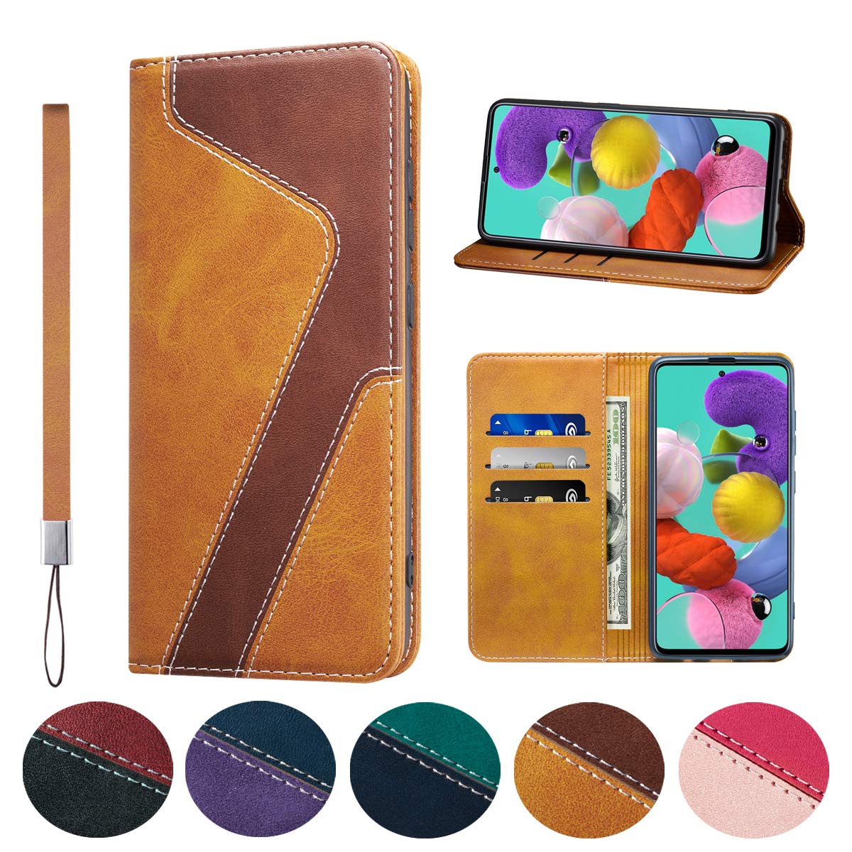Huping Samsung A71 Case, Leather Color Contrast Style Wallet Case with Card Holder Shockproof Flip Stand Cover For Samsung Galaxy A71 - Brown