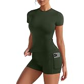 Relety Womens 2 Piece Workout Sets Short Sleeve T-Shirt Scrunch Butt Shorts | Pilates Gym Yoga Outfits, High Waist Lifting Booty, Slim Fit, Side Pockets, Crew Neck, Lightweight, Stretchy