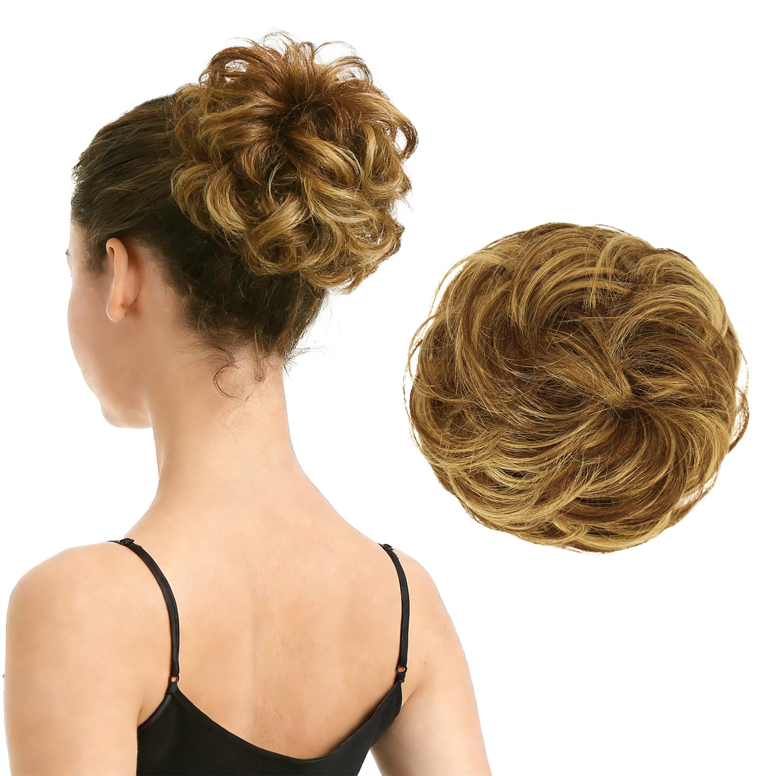 100% Human Hair Scrunchies, BARSDAR Curly Messy Bun Hairpiece Extensions Wedding Hair Pieces for Women Messy Bun Real Hair Updo Donut Chignons (Brown mix Blonde)