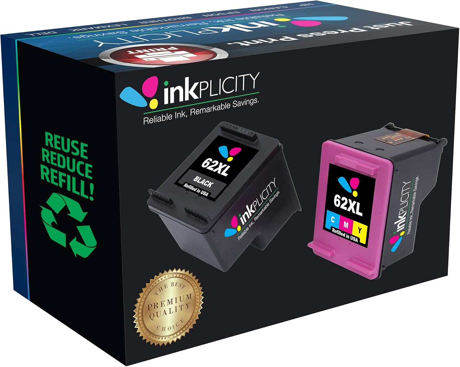 Inkplicity Refilled Ink Cartridge Replacement for HP 62XL (Black, Tri-Color, 2-Pack): Amazon.co 