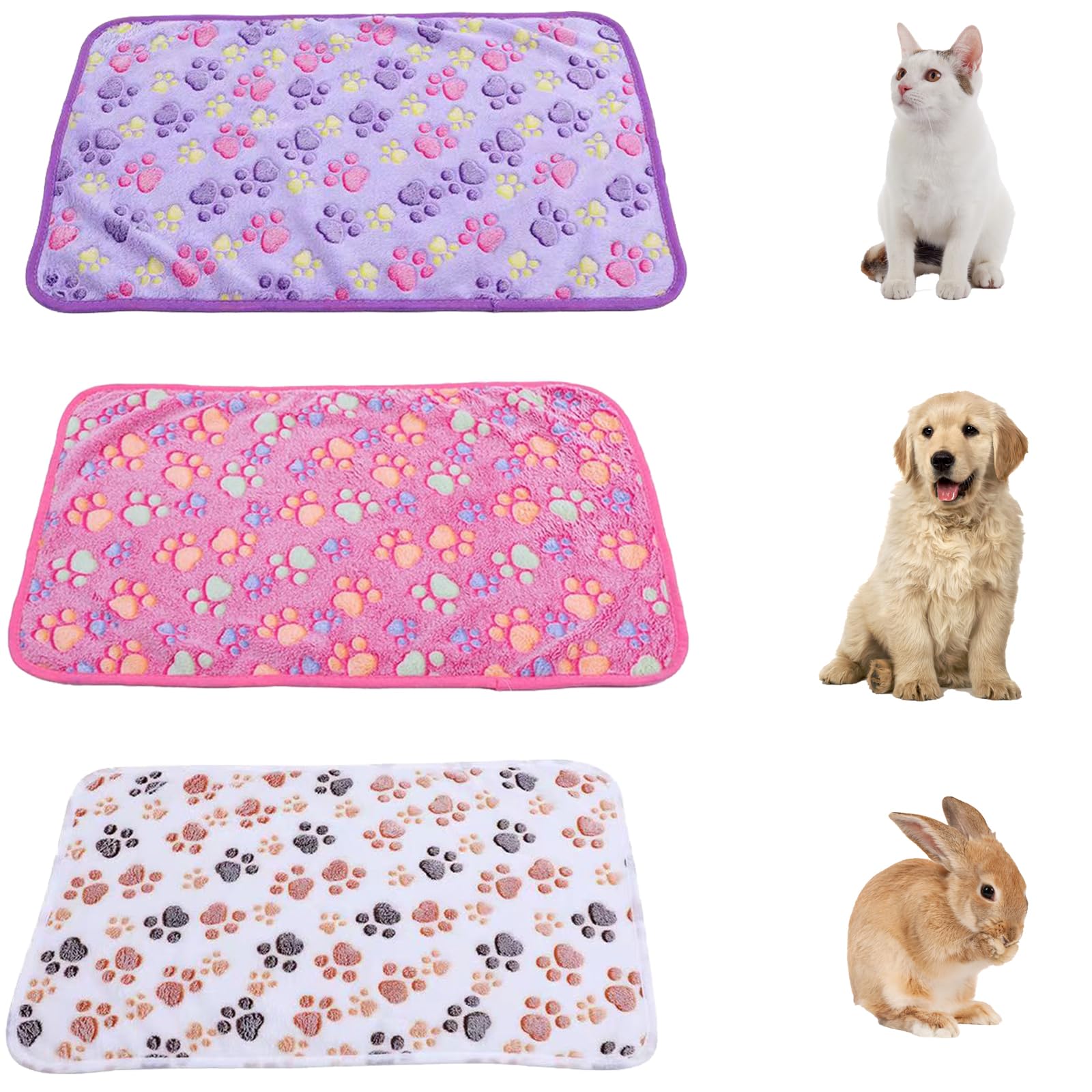 NUDFSY 3 Pieces Dog Blanket, Cat Blanket, Pet Blanket Sleep Mat, Cute Paw Print Blankets Soft Warm Blankets, For Puppy Dogs Cats And Other Medium Large Pets (Pink Purple White)