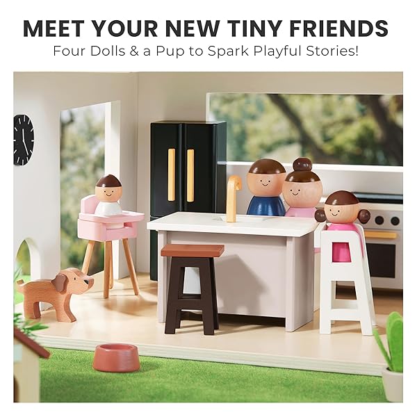 TINY LAND DOLL HOUSE, MODERN FAMILY DOLLHOUSE WITH REALISTIC DESIGN, WOODEN DOLLHOUSE WITH 53PCS FURNITURE – IDEAL GIFT FOR KIDS AGES 3+
