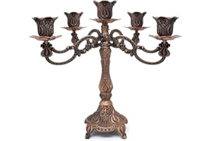 Dorlotou Metal Candelabra 5-Candle 10.1 Inch Tall Candle Holder Stick for Home Wedding Event and Party Festival,Red Bronze